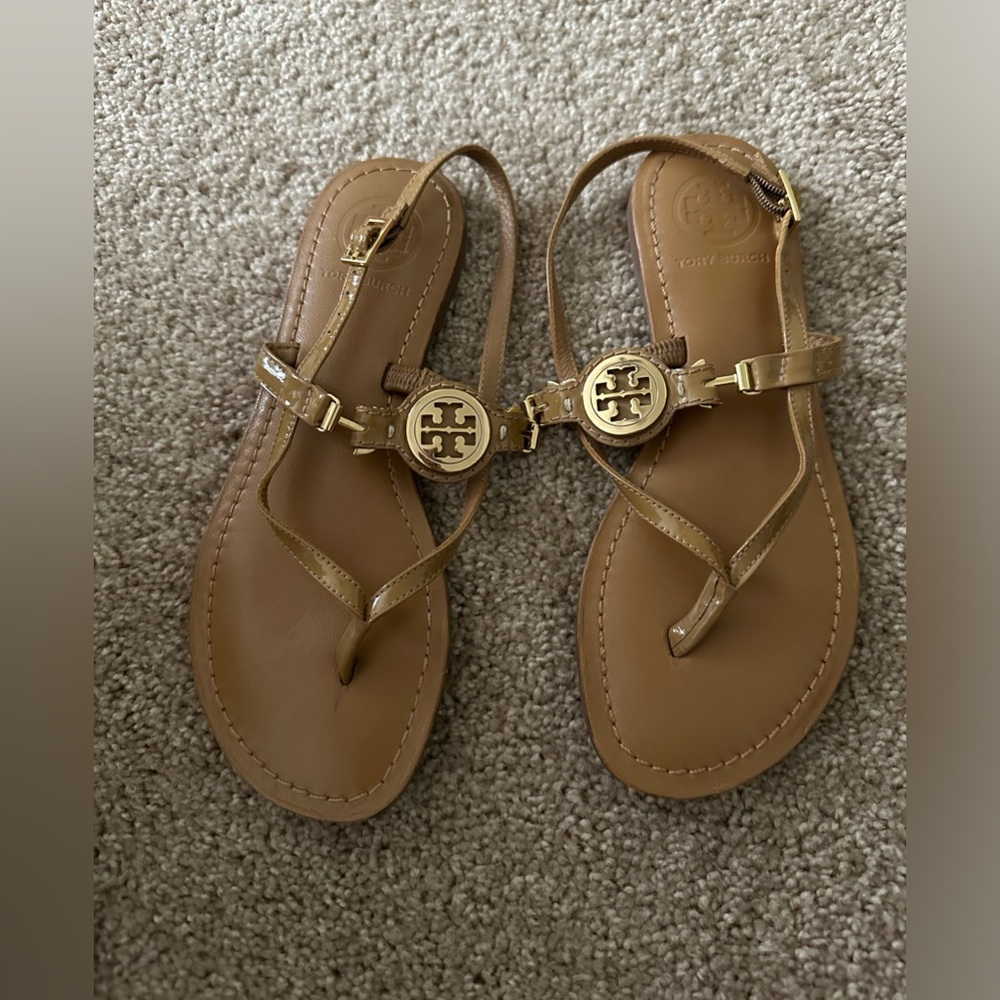 Tory Burch Tan Gold Logo Thong Sandals